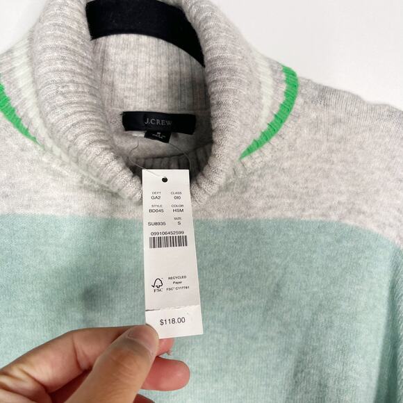 New J Crew S Green Gray Striped Turtleneck Sweater Supersoft Yarn Merino Alpaca - Picture 7 of 12